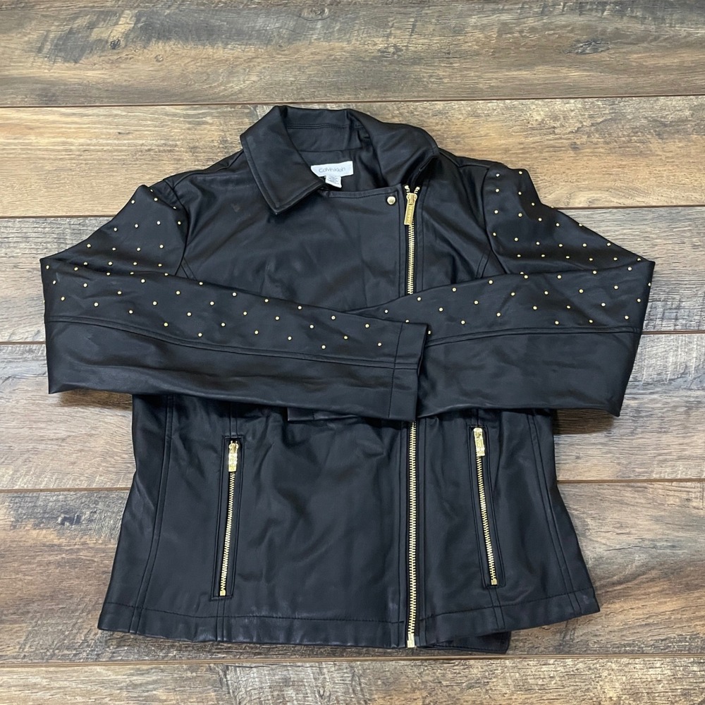 Calvin Klein Womens Black Faux Leather Studded Moto Jacket S Biker Chic Grunge